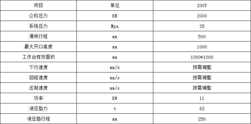 200吨拉伸液压机参数 200吨拉伸液压机参数